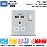 British General (FPC21U2W) Screwless Flat Plate 13A Switched Single Socket with USB Charger, 13A, 1 gang SP, switched +