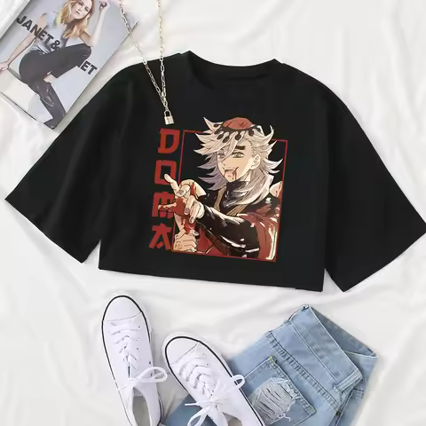 Anime Demon Slayer Douma Shirt Women O-Neck Short Sleeves Crop Tops T-shirt Fans Gift