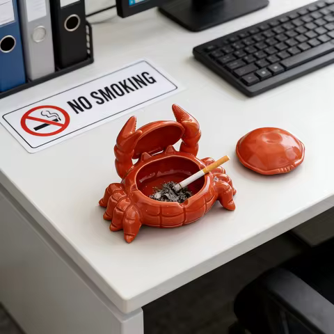 Charming Crab Ceramic Ashtray w/ Lid - Fly Proof, Home/Office Decor & Tea Pet, Unique Shape | Local