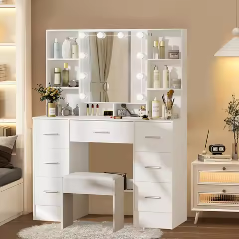 Large Dressing Table With Hollywood LED Mirror +Stool Drawers Vanity Makeup Desk
