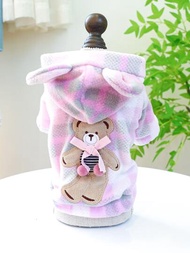 1入組寵物衣服適用於小狗和貓,可愛絨毛熊連帽衫帶小耳朵適用於秋冬,粉色的雙色格子
