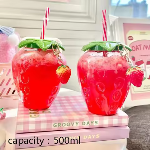 500ml Creative Portable Summer Cute Strawberry Straw Water Bottle Milk Coffee Straw Cup for Camping 