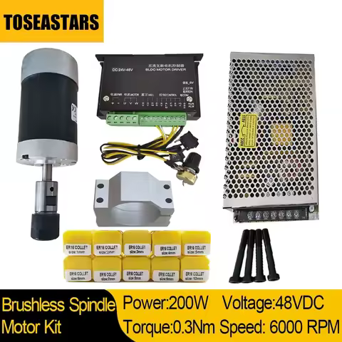 CNC Brushless Spindle 200W 0.3Nm 0.2KW 48V 6000RPM With Hall Sensor ER16 Collet 55mm Clamp Bracket P