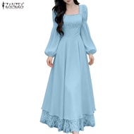 ZANZEA Women Korean Elegant Square Neck Long Lantern Sleeves Strap Long Dress
