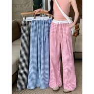 Women's plaid pants with white waistband, high waist, wide leg, many basic colors, soft and cool mat