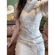 旗袍 改良旗袍洋装 国潮旗袍 Cheongsam Cheongsam Improved Cheongsam Dress White Cheongsam New Chinese Style Embroidered Improved Cheongsam Retro Split Chinese Style Dress