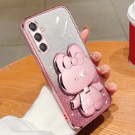 Phone Back Case For Samsung Galaxy A25 Gradient Glitter Makeup Mirror Rabbit Folding Stand Soft Sili