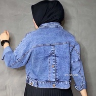 Jaket Crop Jeans Wanita Terbaru - Jaket Crop Jeans Snow Blue Model Kancing Belakang