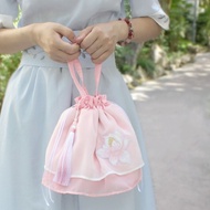 WENTIL Handbag Bucket Bag Lotus Embroidery Large Capacity Crossbody Bag Sweet Double Layer Hanfu Bag Women