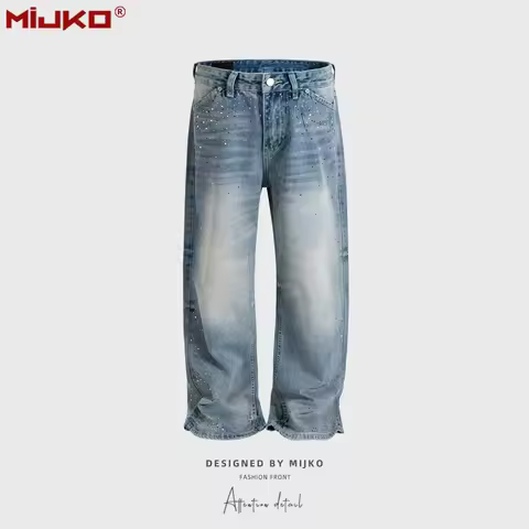 MIJKO Men's and Women's Washed and Aged Jeans Unisex with Rhinestone Faded Wide Straight Leg Blue Je