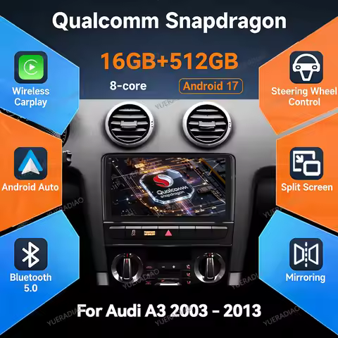 Android 17 Car Radio For Audi A3 8P 2003 - 2013 GPS NAVI 4G LTE 5G WIFI 2DIN QLED BT Qualcomm Multim