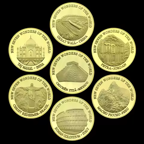 7 Wonders of the World Commemorative Coins Great Wall Pyramid Taj Mahal Roman Coliseum Festival Gift