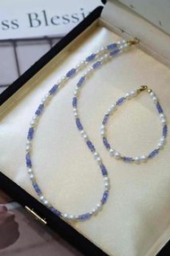 18k坦桑石淡水akoya珍珠手鏈/頸鏈