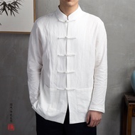 Kemeja Bersaiz Besar Linen Kapas Lelaki Gaya Cina Lengan Panjang Kasual Retro Tradisional Cina Kolar