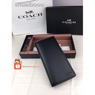 ❁READY STOCK Coach Men Black Breast Pocket Long Wallet Crossgrain Leather Gift Set Dompet Lelaki Fol