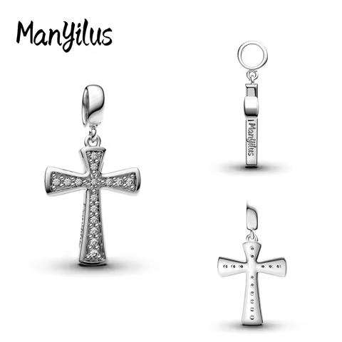 Manyilus S925 Silver Sparkling Cross Faith Charm for Original Bracelet Inspirational Jewelry Pendant