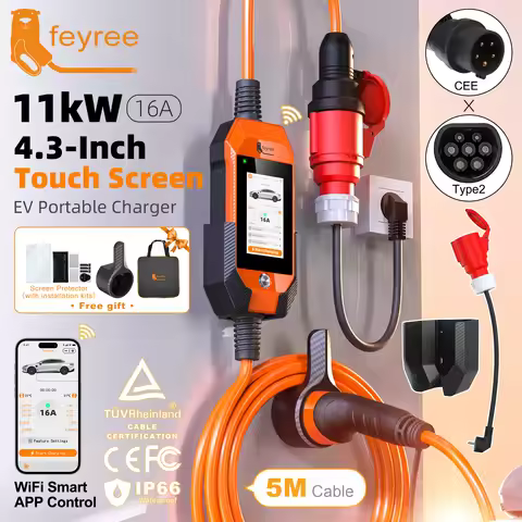 feyree Type2 11kW Portable 4.3''Touch Screen HomeUse EV Charger with DualTemp Protection & APP Histo