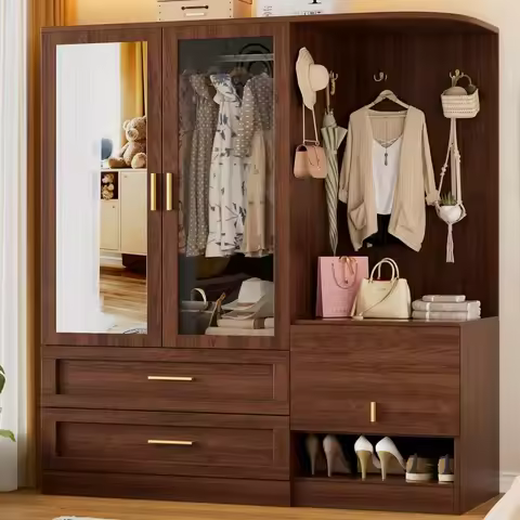 2 Doors Armoire Wardrobe Closet with Mirror,71'' Tall Freestanding Wooden Wardrobe Closet Farmhouse 