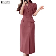 ZANZEA Women's Business Blazer Dress - Elegant Turn-down Collar, Puff Sleeves, Double Breasted