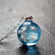 LP-8 Get coupons🪁Blue Sky White Cloud Pendant Necklace Transparent Resin Rould Ball Moon Chain Necklaces for Women Girls