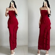 JER-JEN FYANG CLASSY TUBE MAXI RUFFLE DRESS/TRENDY STYLE ELEGANT SLEEVELESS LONG DRESS