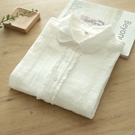Áo Sơ Mi Cotton Trắng Tay Dài Cổ Bẻ Kiểu Pháp Pure Cotton Double Layer Lace Trim Peter Collar Wooden