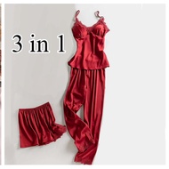Mje_collection88 B686 Pajama Suit 3 in 1 Short Lingerie And Long Pants Sleepwear Adult Women Hand sa