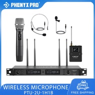 Phenyx Pro PTU-2U-1H1B True Diversity Dual Wireless Microphone System  2x1000 UHF Channels Bodypack/Handheld Microphones for Singing Church Stage Live Show Wedding
