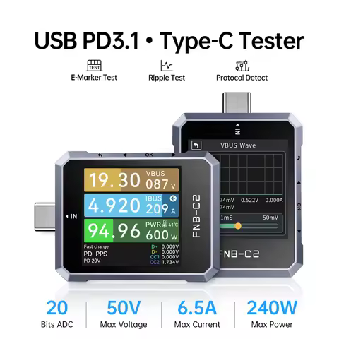 FNIRSI FNB-C2 USB-C Tester PD31 450V8A E-Marker Battery Capacity Test Multi Protocol Detection Power