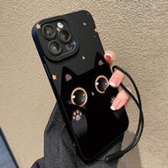 Cat Black Painted Precise Cutouts Painted With Added Lanyard Fashion Creative Anti-Drop Phone Case C