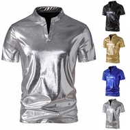 Elegant Shiny Dancer Slim Fit Men's V Neck Club Tee Top for Club Parties