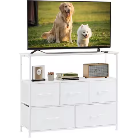 DUMOS TV Stand Dresser with 5 Fabric Storage Drawers Media Console Featuring Open Shelf 45 inch TV C