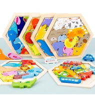 HZ Puzzle 3D Hexagon Animal Wooden Montessori Wooden Chunky Hexagon Puzzle Matching Character Shapes