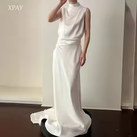XPAY Elegant High Neck Silk Stain Korea Wedding Dress Photo Shoot Simple Draped Floor Length Bride G