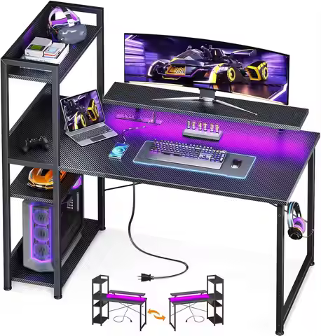 Reversible Gaming LED Lights, 40 Inch Computer Desk With Storage Shelves & Monitor Stand, Study Tabl