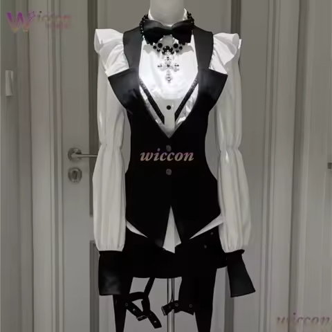 Uniform Store Ouji Jirai Kei Lolita Ouji Style White Shirt, Black Vest Shorts Set Gothic Alt Femboy 