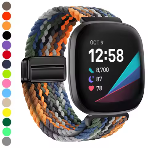 Nylon Braided Strap For Fitbit Versa 4/3 Adjustable Metal Magnetic button Bracelet Wristband For Fit