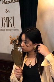 美國Monet品牌古董 黑琺瑯金環設計 專利無痛耳夾長項鍊兩件套