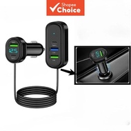 66W 5-Port Car USB Charger 1.5M Cable Fast Charging Type-C 3.1A DC 12V/24V Universal Auto Car Charge