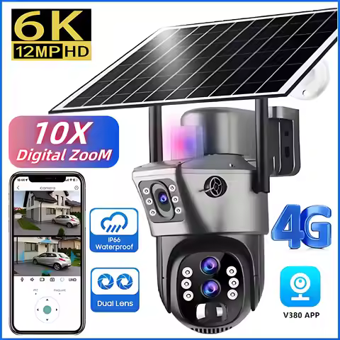 10x Zoom 4G SIM Solar Camera Outdoor 6K 12MP Three Lens HD Night Vision IP Surveillance Camera Secur