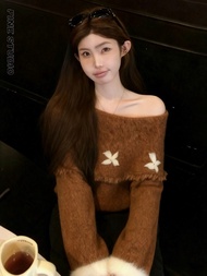 Brown Bow Knot Shoulder Sweater