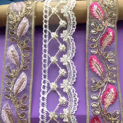 2m/6.56ft Each Pack Big Wide Lace Embroidery Trim Flower Sewing Curtain Accessory DIY Craft Organza 