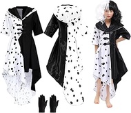 Bocguy Carnival Costume Cruella Devile Costume Women with Gloves, Cosplay Black and White Dalmatian 