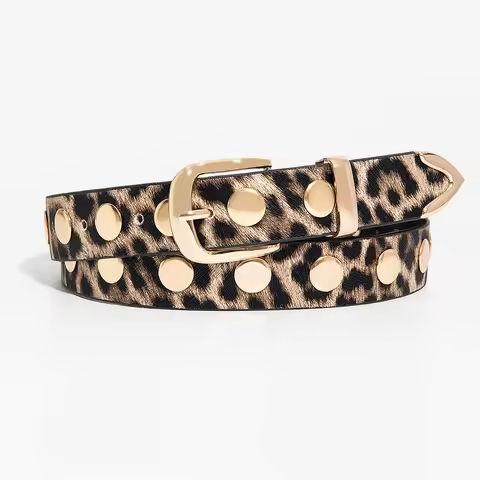 1pc women's vintage leopard print silver belt, round stud decorated accessory versatile belt, suitab