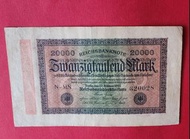 早期大型德國1923年20000元馬克（320028）紙鈔乙張（保真，保存良好）.