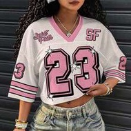 Spring/Summer New Women's Casual V-Neck Loose Cropped 5/8 Sleeve Mesh T-Shirt/Y2K Clothes/Going Out 