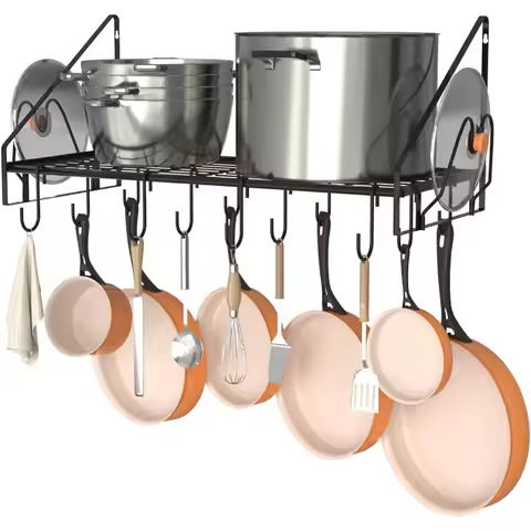 28 Inch Pot Rack Wall Mounted Pots and Pans Organizer with 12 Hooks and 2 Pot Lid Holders Heavy Duty