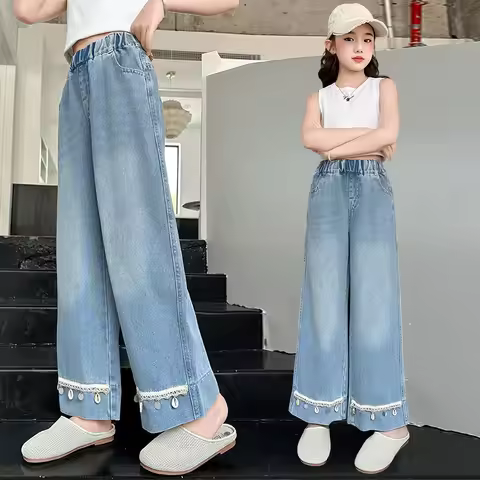 New Autumn Kids Children Vintage Bohemian Jeans for Teenage Girl Casual Loose Straight Denim Pants A