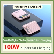 100W Super Fast Charging 20000mah Mini Power Bank Built-in 4 Cables Digital Display Powerbank Portable External Battery