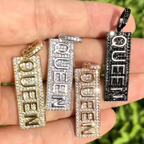 5 Pcs Cubic Zirconia Pave Black Queen Word Charms Gold Plated Letter Pendant For Woman Bracelet Neck